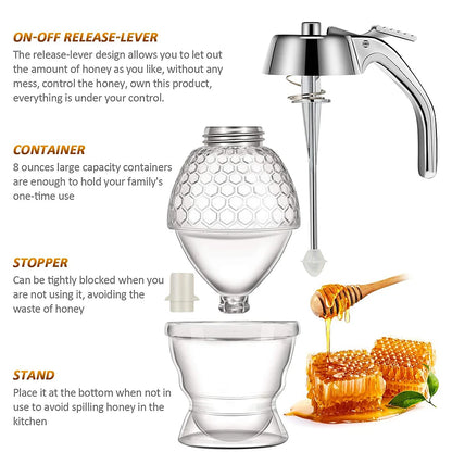 No Drip Acrylic Honey Pourer Dispenser with Stand Honey Jar Container Storage Juice Syrup Cup Bee Drip Dispenser Kettle