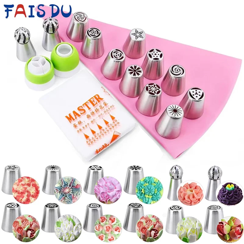 Russian Mounted Mouth Set Stainless Steel Kitchen Baking Supplies Set Cake Decoration Tools Nozzles Pastry Bag Set