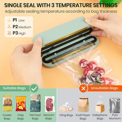 CHFL Mini Vacuum Sealer for Food,3In1 Cordless Rechargeable Food Sealer for Dry/Moist Food Storage,Heat Sealer for Bags Green
