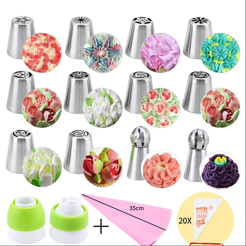 Russian Mounted Mouth Set Stainless Steel Kitchen Baking Supplies Set Cake Decoration Tools Nozzles Pastry Bag Set