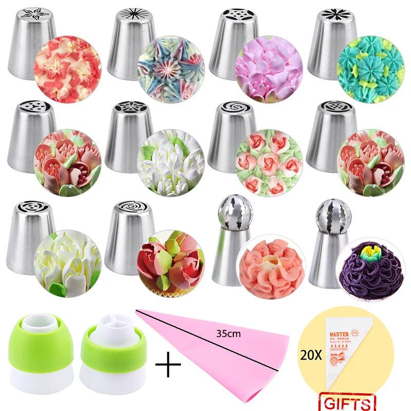 Russian Mounted Mouth Set Stainless Steel Kitchen Baking Supplies Set Cake Decoration Tools Nozzles Pastry Bag Set