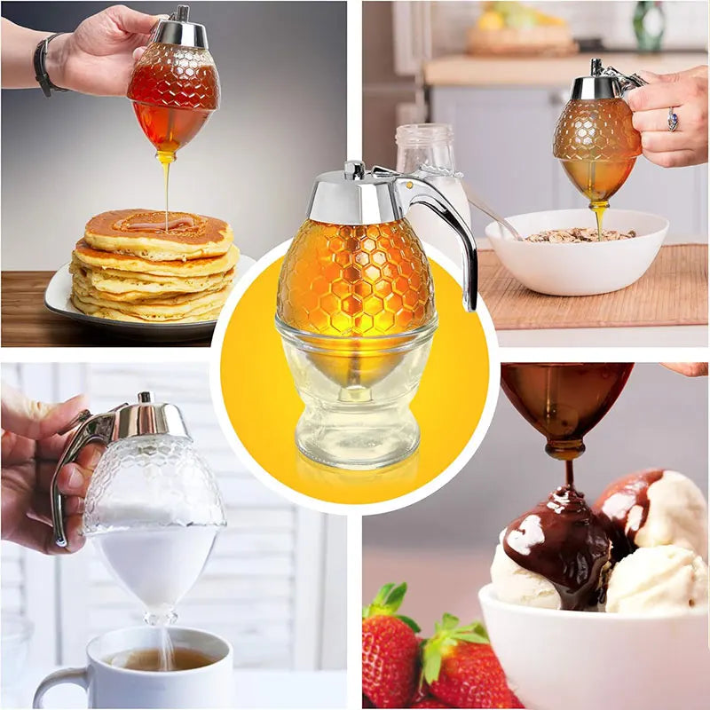No Drip Acrylic Honey Pourer Dispenser with Stand Honey Jar Container Storage Juice Syrup Cup Bee Drip Dispenser Kettle